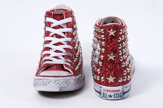 Converse All Star Custom Borchie Glitter Rosso LLab scarpe