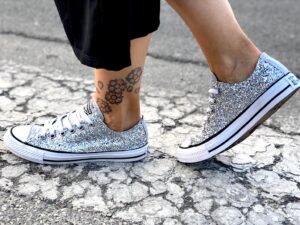Converse All Star Personalizzate LOW Glitter & Pelle Argento