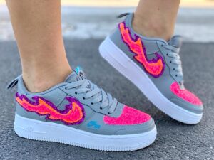 Nike Air Force One Custom Grigio Glitter Rosa Fuoco & Fiamme