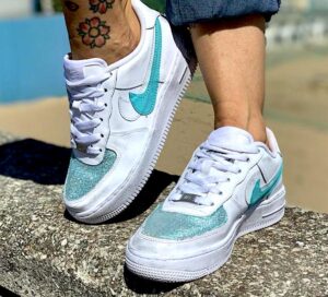 Nike Air Force One Custom Glitter Azzuro & Doppio Baffo Pelle Tiffany