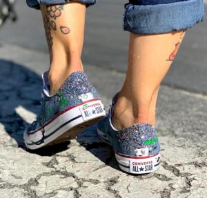 Converse All Star Personalizzate LOW Jeans, Glitter & Sporcatura Verde Fluo