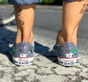 Converse All Star Personalizzate LOW Jeans, Glitter & Sporcatura Verde Fluo