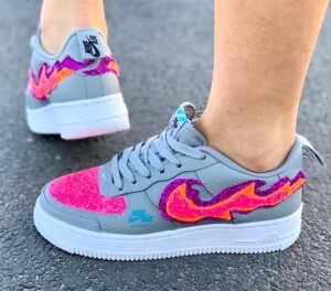 Nike Air Force One Custom Grigio Glitter Rosa Fuoco & Fiamme
