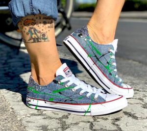 Converse All Star Personalizzate LOW Jeans, Glitter & Sporcatura Verde Fluo