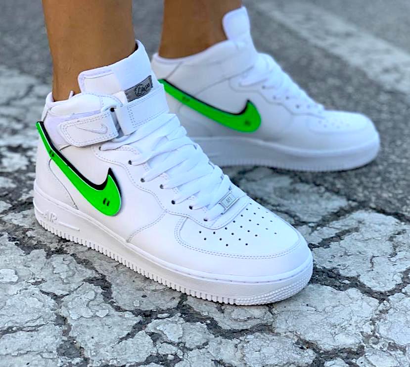 Nike Air Force One Custom MID Baffo Verde Fluo كوليوس Nike Air Force One Custom MID Baffo Verde Fluo كوليوس