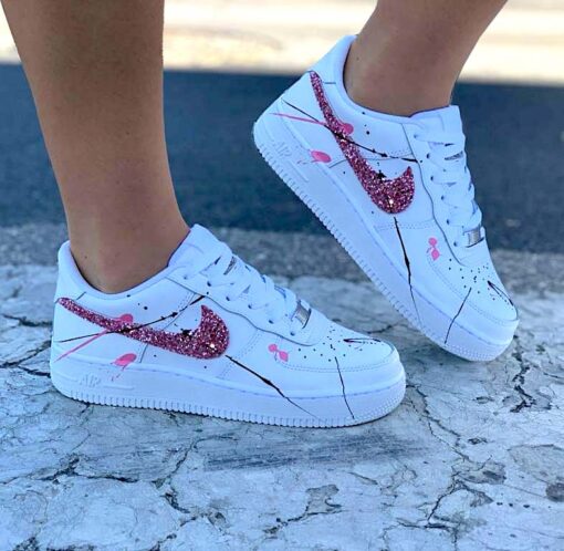 Nike Air Force One Custom Glitter Rosa & Sporcatura Rosa Nera