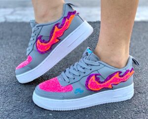 Nike Air Force One Custom Grigio Glitter Rosa Fuoco & Fiamme