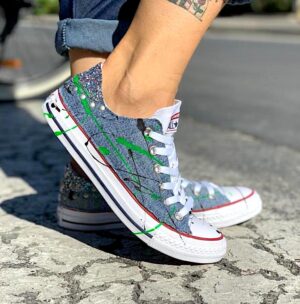 Converse All Star Personalizzate LOW Jeans, Glitter & Sporcatura Verde Fluo