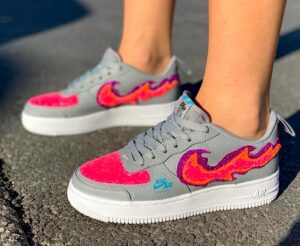 Nike Air Force One Custom Grigio Glitter Rosa Fuoco & Fiamme