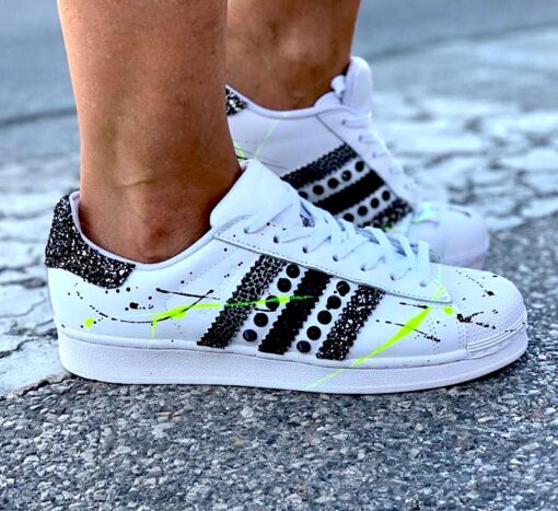 Adidas Superstar Personalizzate Glitter Argento, Nero, Borchie & Sporcatura Fluo