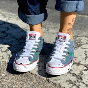 Converse All Star Personalizzate LOW Jeans, Glitter & Sporcatura Verde Fluo