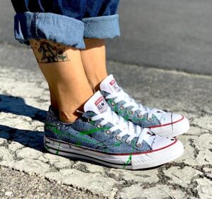 Converse All Star Personalizzate LOW Jeans, Glitter & Sporcatura Verde Fluo