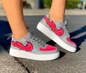 Nike Air Force One Custom Grigio Glitter Rosa Fuoco & Fiamme