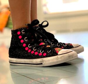 Converse All Star Personalizzate Bambino Glitter Nero & Borchie Fuxia