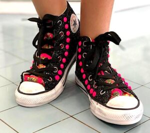 Converse All Star Personalizzate Bambino Glitter Nero & Borchie Fuxia