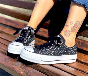 Converse All Star Personalizzate Platform Strass & Laccetti In Raso