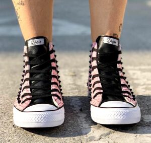 Converse All Star Personalizzate Eco Pitone Rosa, Pelle & Borchie Nere