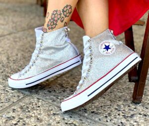 Converse All Star Personalizzate Glitter, Borchie & Fiocco Argento