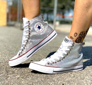 Converse All Star Personalizzate Glitter, Borchie & Fiocco Argento