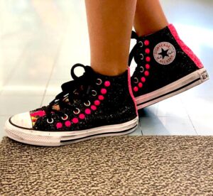 Converse All Star Personalizzate Bambino Glitter Nero & Borchie Fuxia
