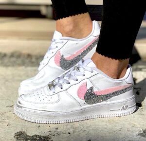 Nike Air Force One Custom Doppio Baffo Glitter Rosa & Argento