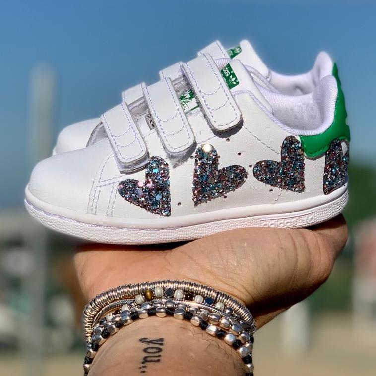 Adidas Stan Smith Personalizzate Bambino Cuoricini Glitter Multicolor