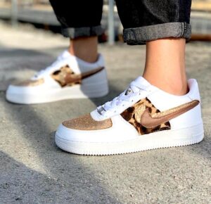 Nike Air Force One Custom Pelle Di Cavallino, Doppio Baffo Glitter & Cuoio