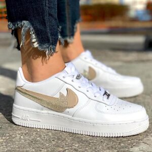 Nike Air Force One Custom Doppio Baffo Pelle Tortora & Glitter Platino