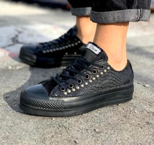 Converse All Star Personalizzate LOW Platform Eco Pitone, Borchie & Paillettes 