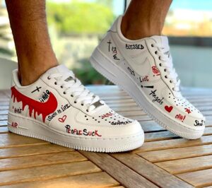 Nike Air Force One Custom Dipinte A Mano Baffo Rosso, Baffo A Scacchi & Tattoo