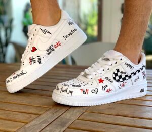 Nike Air Force One Custom Dipinte A Mano Baffo Rosso, Baffo A Scacchi & Tattoo