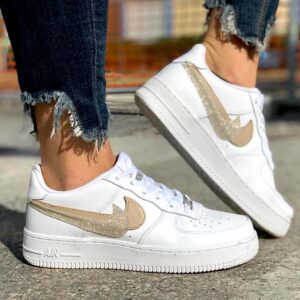 Nike Air Force One Custom Doppio Baffo Pelle Tortora & Glitter Platino