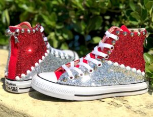 Converse All Star Personalizzate Glitter Argento & Rosso