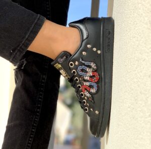 Adidas Stan Smith Personalizzate Pelle Nera Serpente Paillettes, Strass & Rosa Rossa