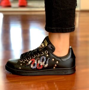Adidas Stan Smith Personalizzate Pelle Nera Serpente Paillettes, Strass & Rosa Rossa