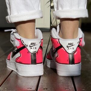 Nike Air Force One Custom MID Cartoon Dipinte A Mano Rosa Fluo & Nero