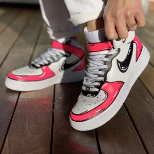 Nike Air Force One Custom MID Cartoon Dipinte A Mano Rosa Fluo & Nero