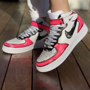 Nike Air Force One Custom MID Cartoon Dipinte A Mano Rosa Fluo & Nero