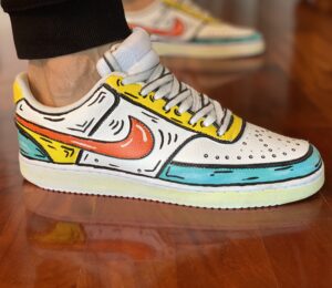 Nike Court Vision Custom Cartoon Dipinte A Mano Giallo, Arancio & Azzurro