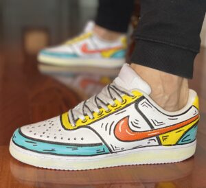 Nike Court Vision Custom Cartoon Dipinte A Mano Giallo, Arancio & Azzurro