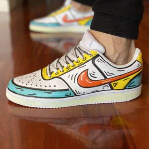 Nike Court Vision Custom Cartoon Dipinte A Mano Giallo, Arancio & Azzurro