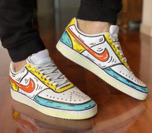 Nike Court Vision Custom Cartoon Dipinte A Mano Giallo, Arancio & Azzurro