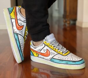 Nike Court Vision Custom Cartoon Dipinte A Mano Giallo, Arancio & Azzurro
