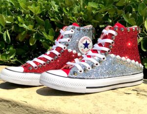 Converse All Star Personalizzate Glitter Argento & Rosso
