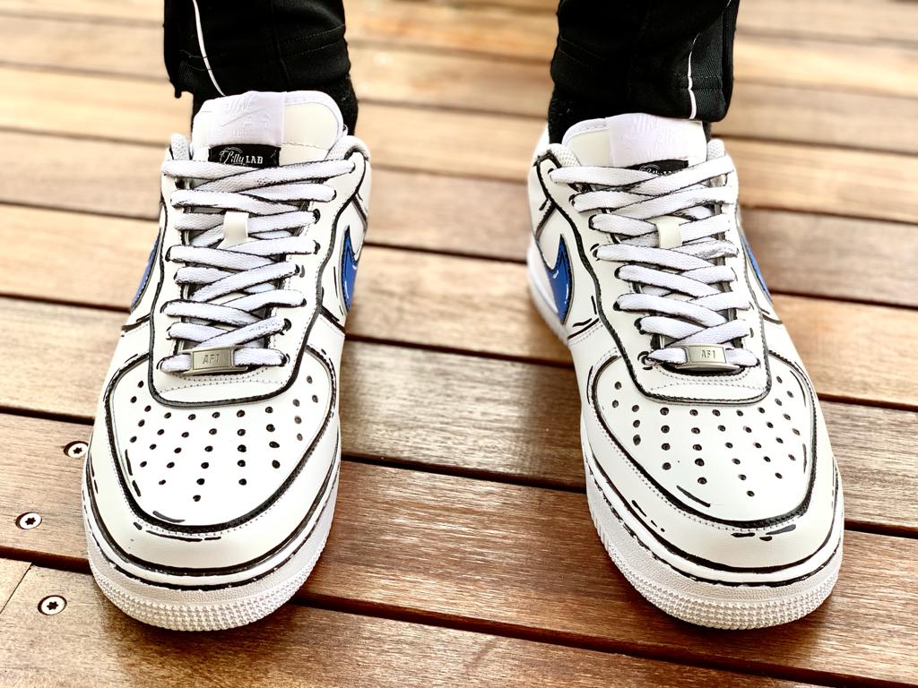 Nike Air Force One Custom Cartoon Dipinte A Mano Swoosh Blu