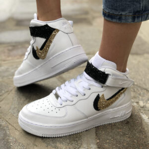 Nike Air Force One Custom MID Doppio Swoosh Glitter Nero & Oro