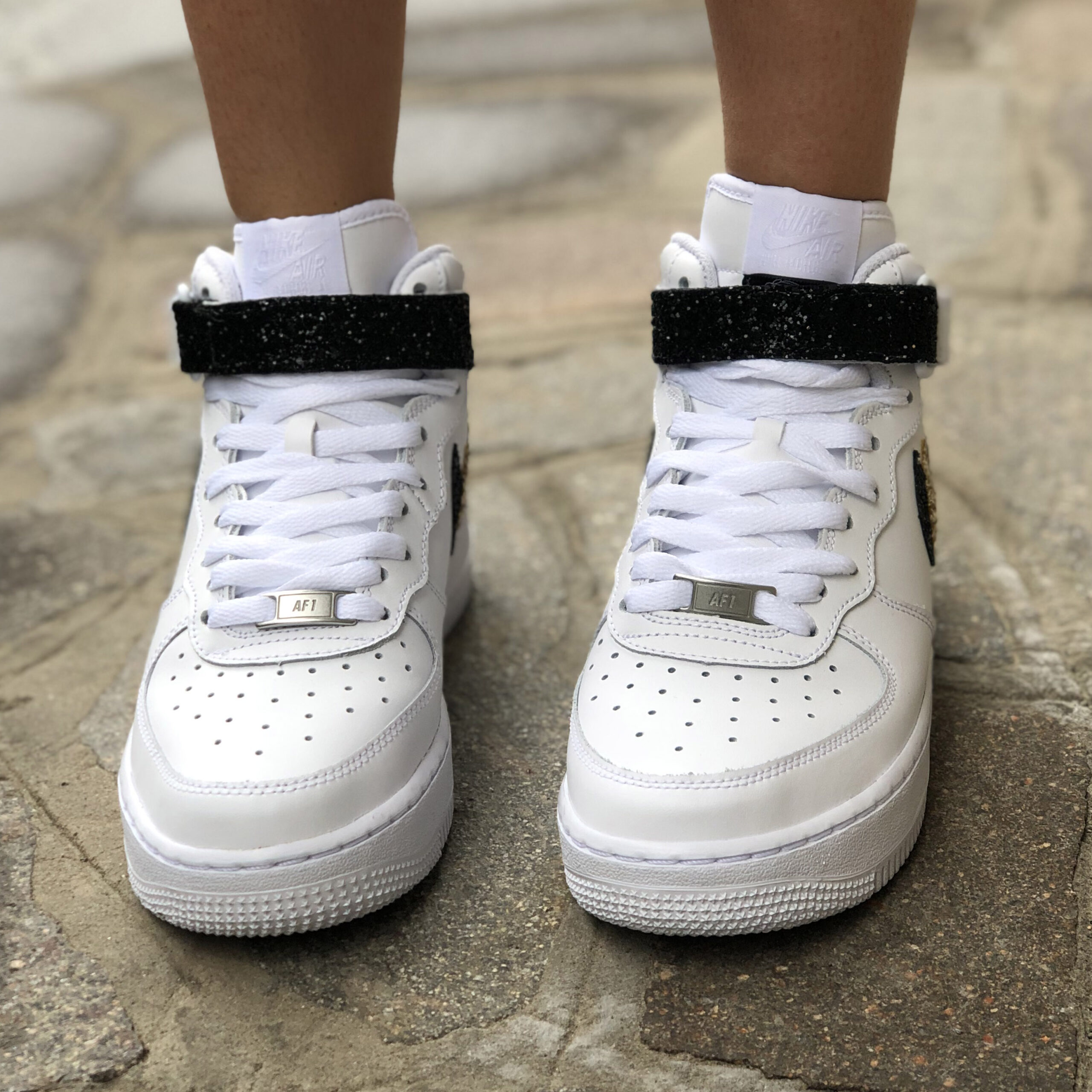 Nike Air Force One Custom MID Doppio Swoosh Glitter Nero & Oro