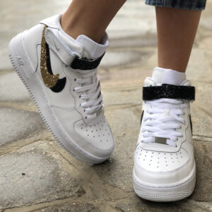 Nike Air Force One Custom MID Doppio Swoosh Glitter Nero & Oro