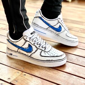 Nike Air Force One Custom Cartoon Dipinte A Mano Swoosh Blu