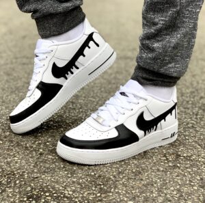 Nike Air Force One Custom Swoosh Effetto Goccia & Anteriore Dipinto A Mano Nero